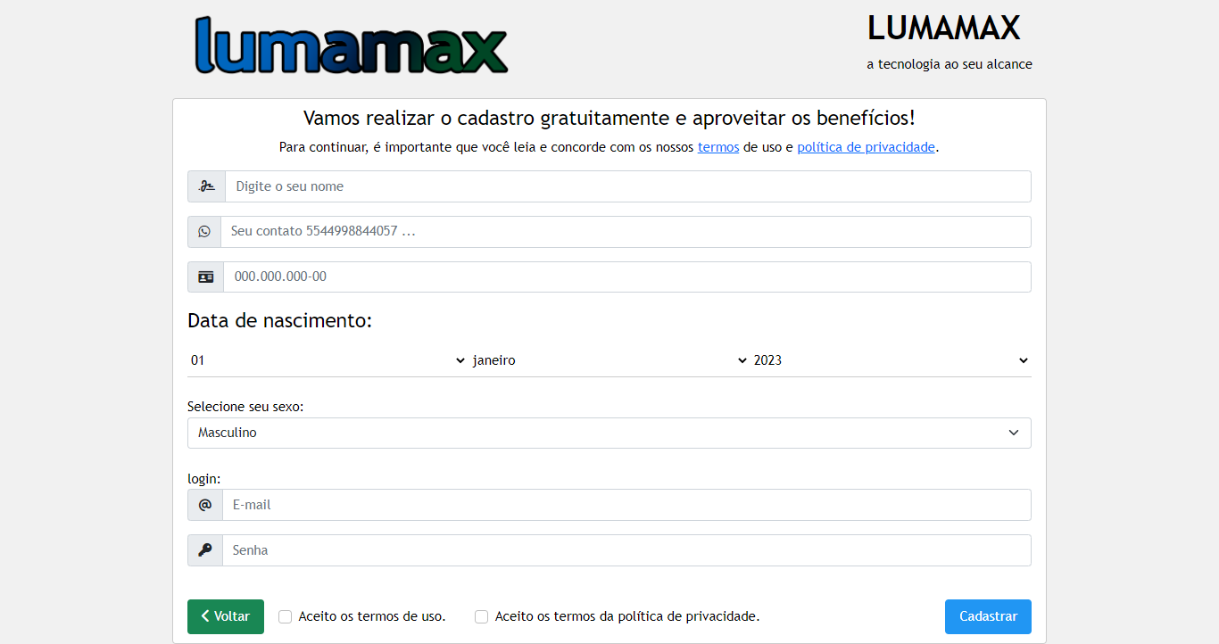 Ajuda cadastro lumamax.com.br